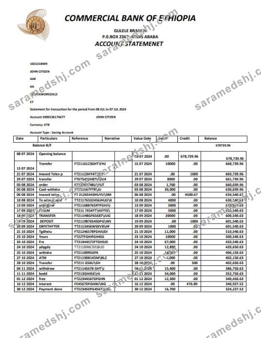 ETHIOPIA COMMERCIAL BANK OF ETHIOPIA Bank statement template, Word and PDF format, version 2